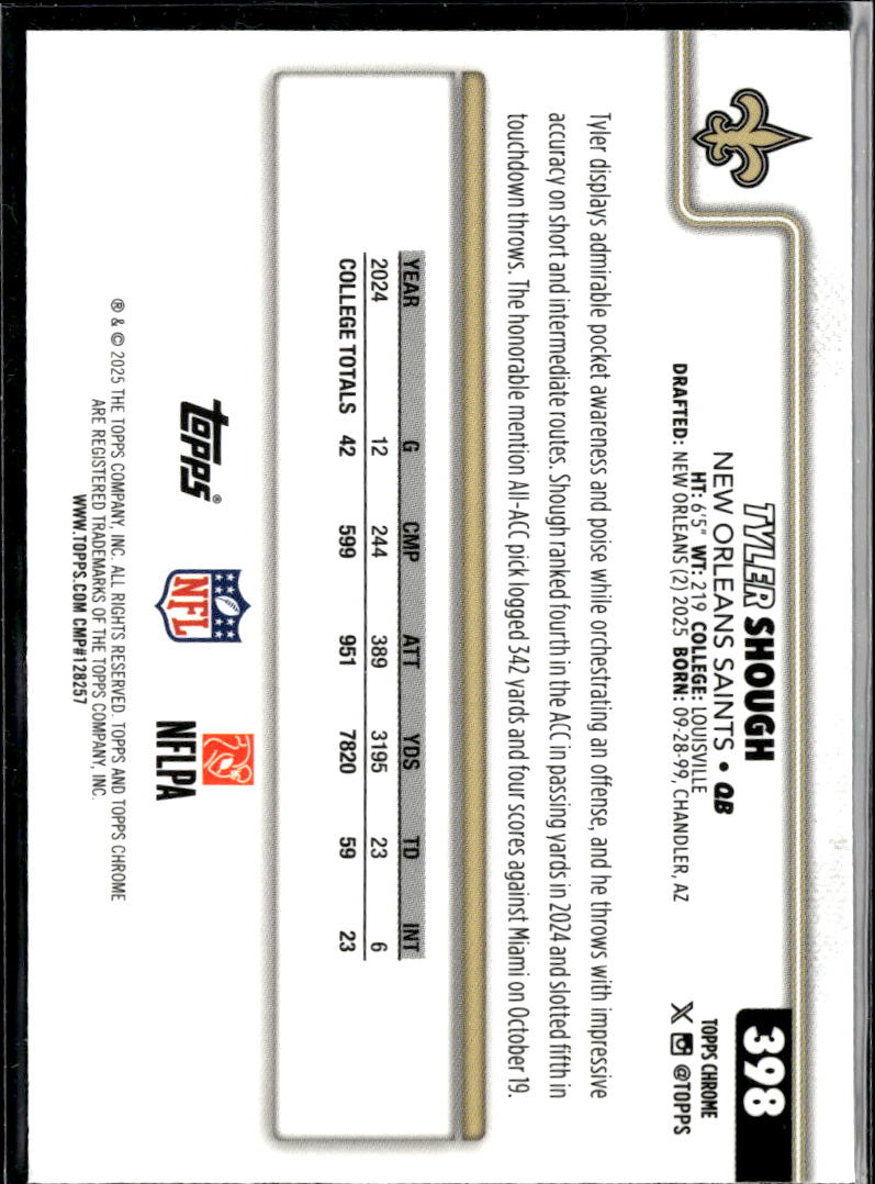 Tyler Shough 2025 Topps Chrome Rookie RC New Orleans Saints