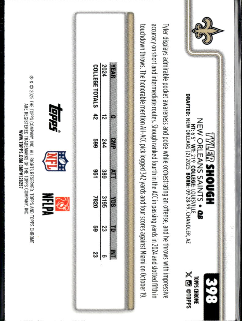 Tyler Shough 2025 Topps Chrome Rookie RC New Orleans Saints