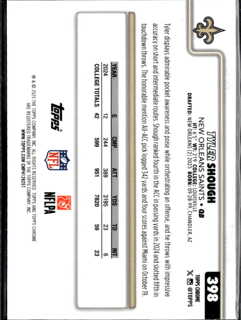 Tyler Shough 2025 Topps Chrome Rookie RC New Orleans Saints