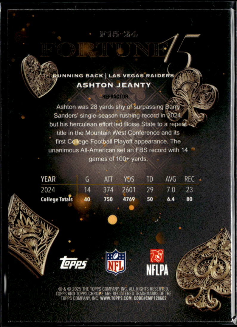 Ashton Jeanty 2025 Topps Chrome Fortune 15 RC Refractor Las Vegas Raiders