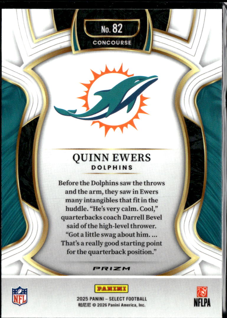Quinn Ewers 2025 Select Red Green Shock Rookie RC Miami Dolphins
