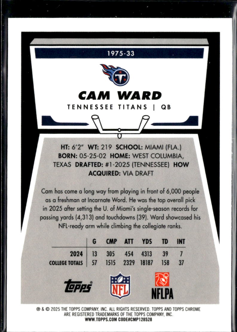 Cam Ward 1975 Topps Chrome '75 Rookie RC Tennessee Titans