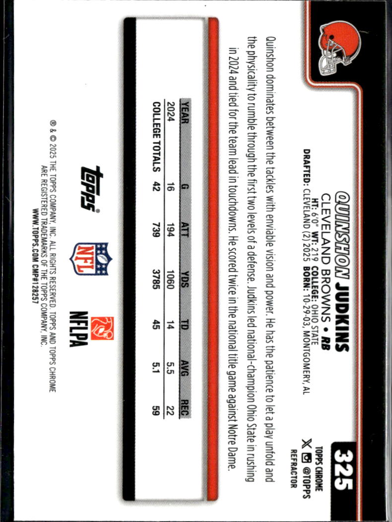 Quinshon Judkins 2025 Topps Chrome RC Refractor Cleveland Browns