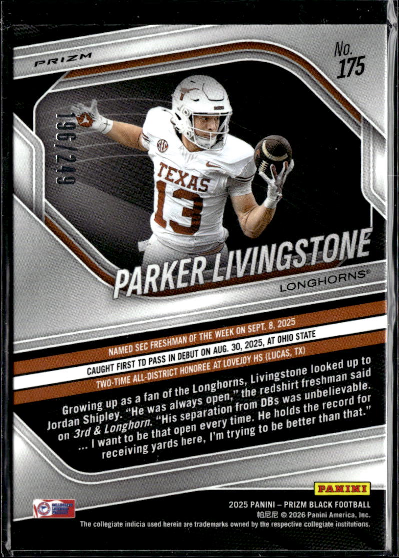 Parker Livingstone 2025 Prizm Black Shock RC 196/249 Texas Longhorns
