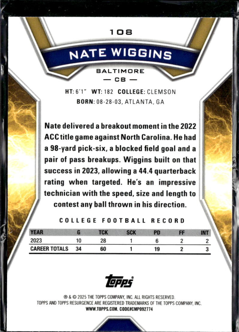 Nate Wiggins 2025 Topps Resurgence Blue RC /275 Baltimore Ravens