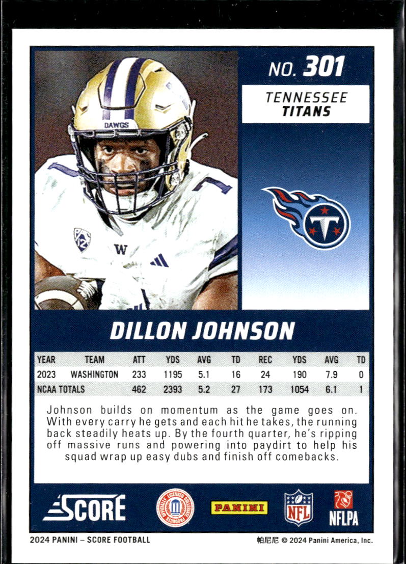 Dillon Johnson 2024 Score Green Rookie RC 82/99 Tennessee Titans