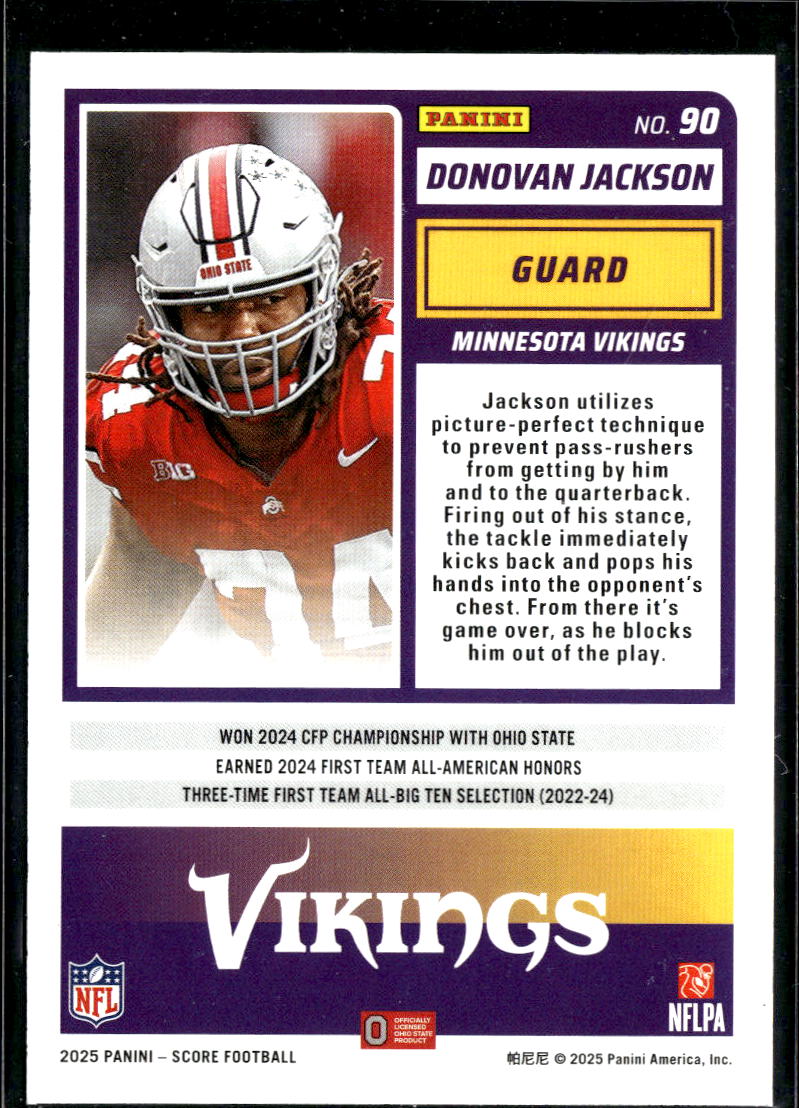 Donovan Jackson 2025 Score RC Gold Rookie /499 Ohio State Minnesota Vikings