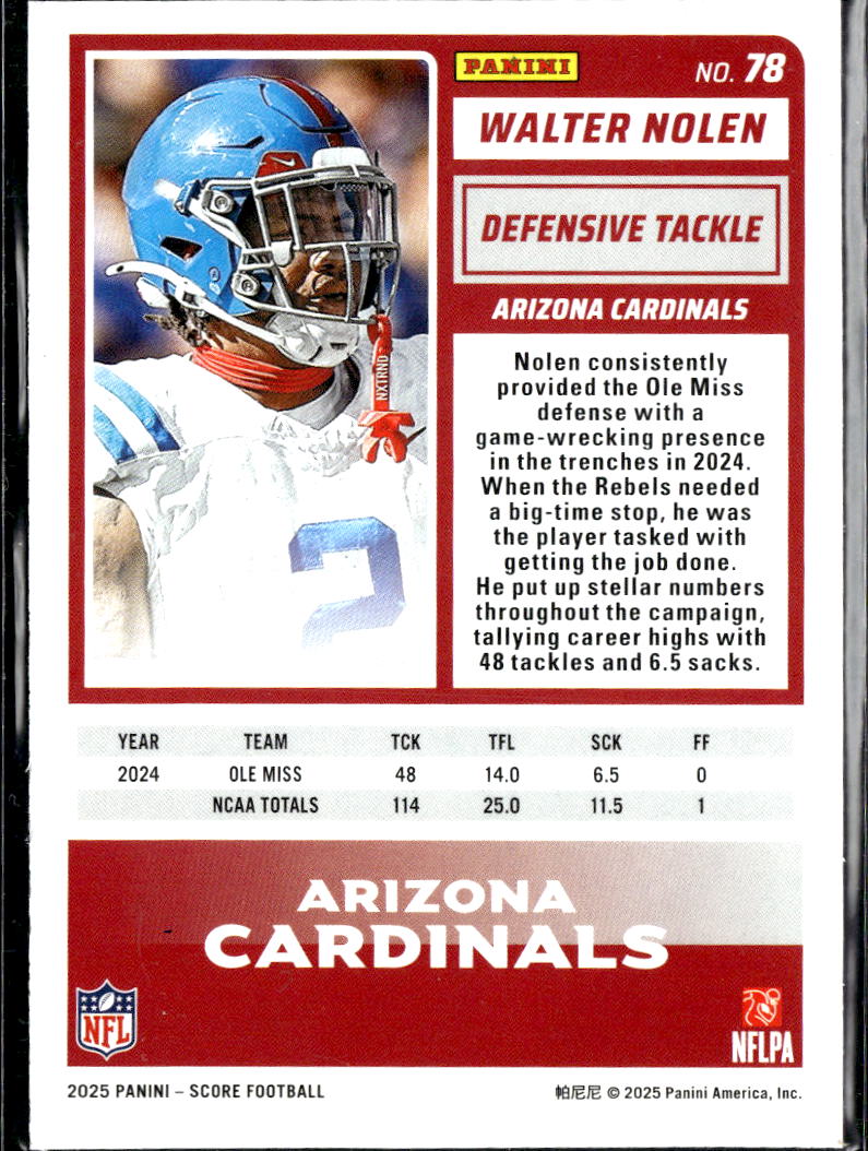 Walter Nolen 2025 Score RC Blue 48/185 Arizona Cardinals