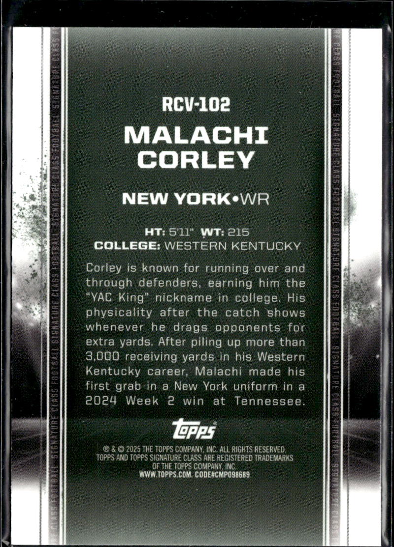 Malachi Corley 2025 Topps Signature Class Purple RC 24/100 New York Jets