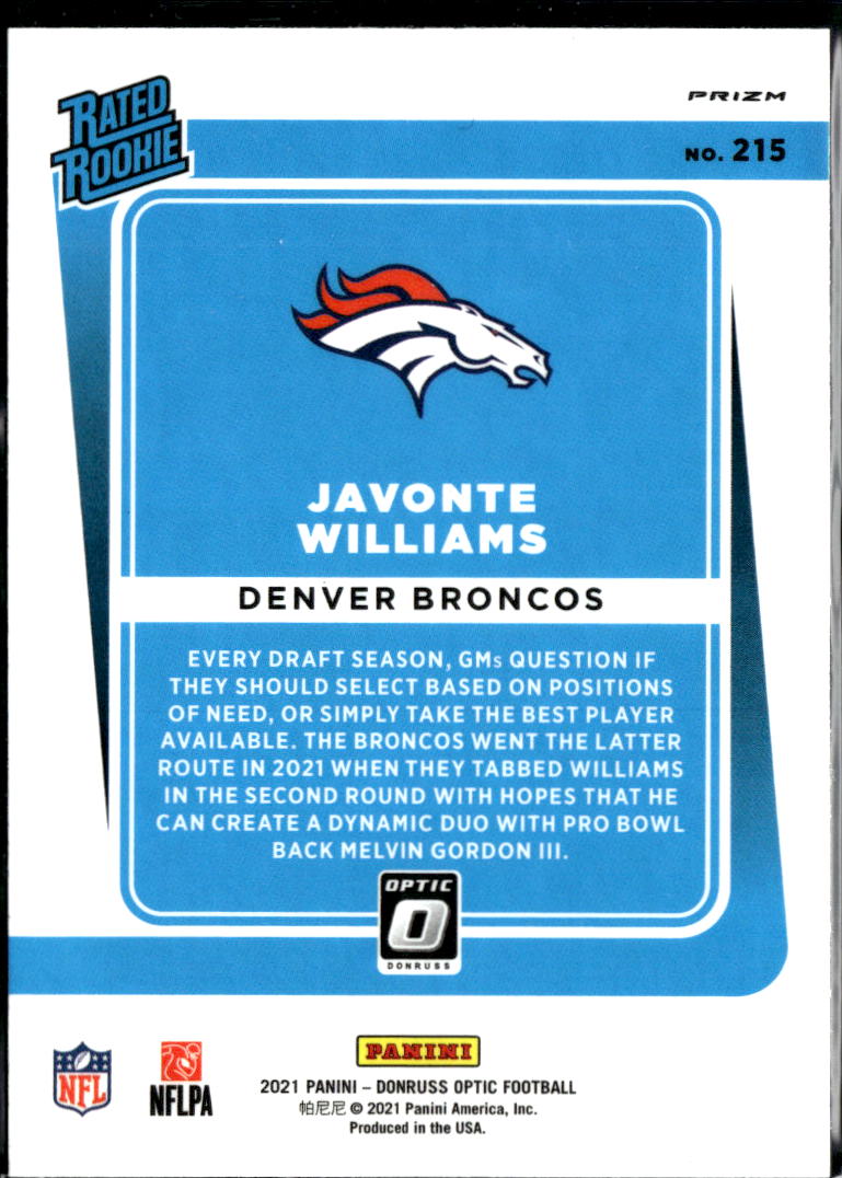 Javonte Williams 2021 Optic Rated Rookie Purple Shock Denver Broncos