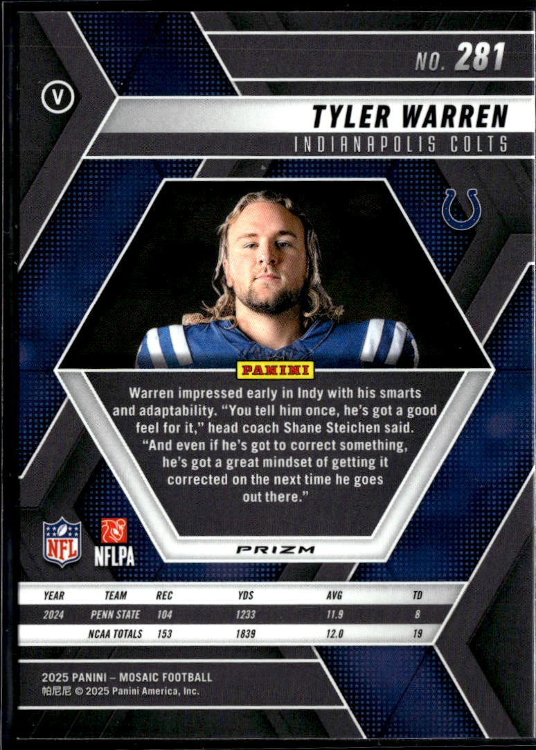 Tyler Warren 2025 Mosaic No Helmet Variation Mosaics Prizm RC Indianapolis Colts