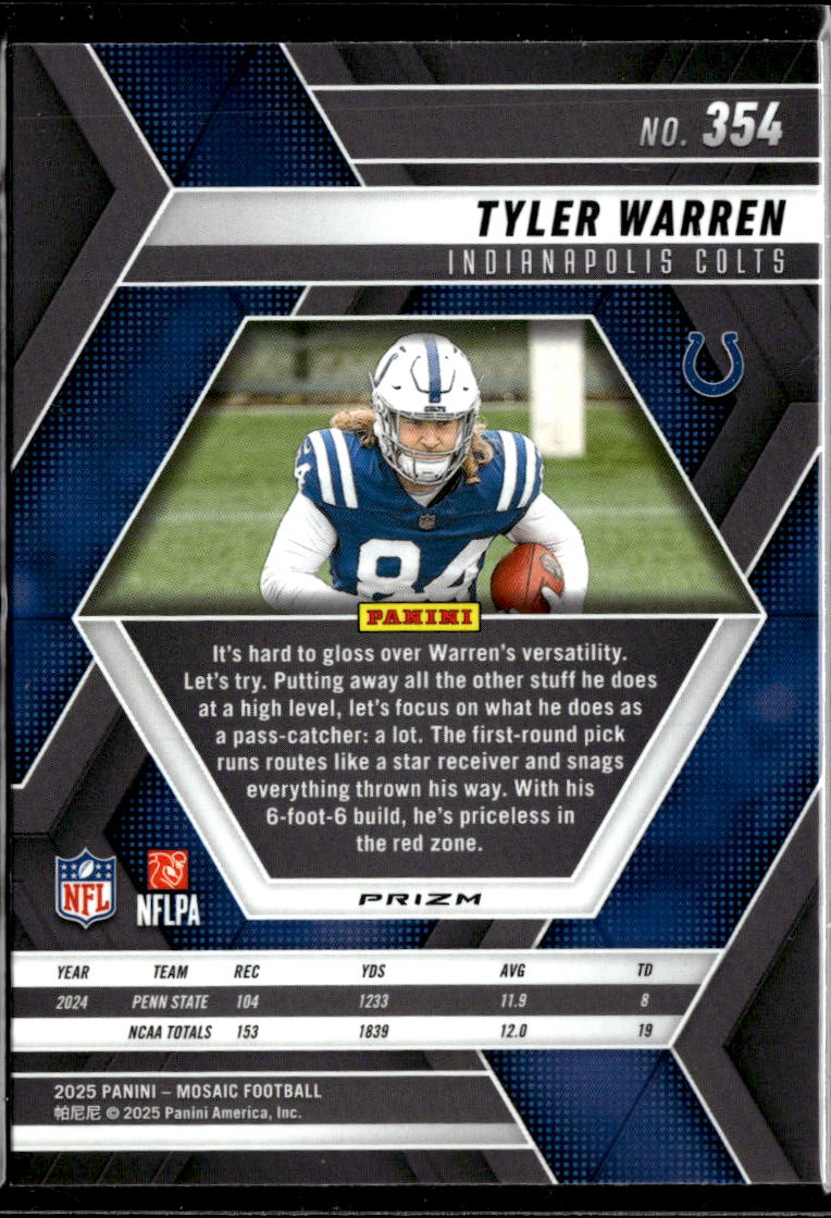 Tyler Warren 2025 Mosaic RC Yellow Rookie Indianapolis Colts
