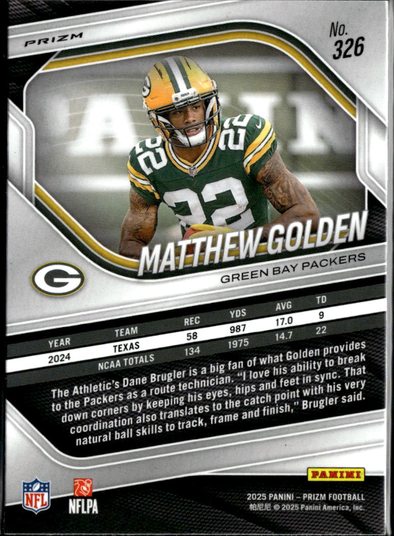 Matthew Golden 2025 Prizm Pink Prizm Rookie RC Green Bay Packers