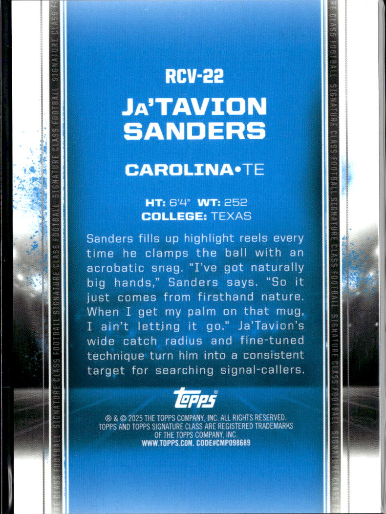 Ja'Tavion Sanders 2025 Topps Signature Class Orange RC /50 Longhorns Panthers