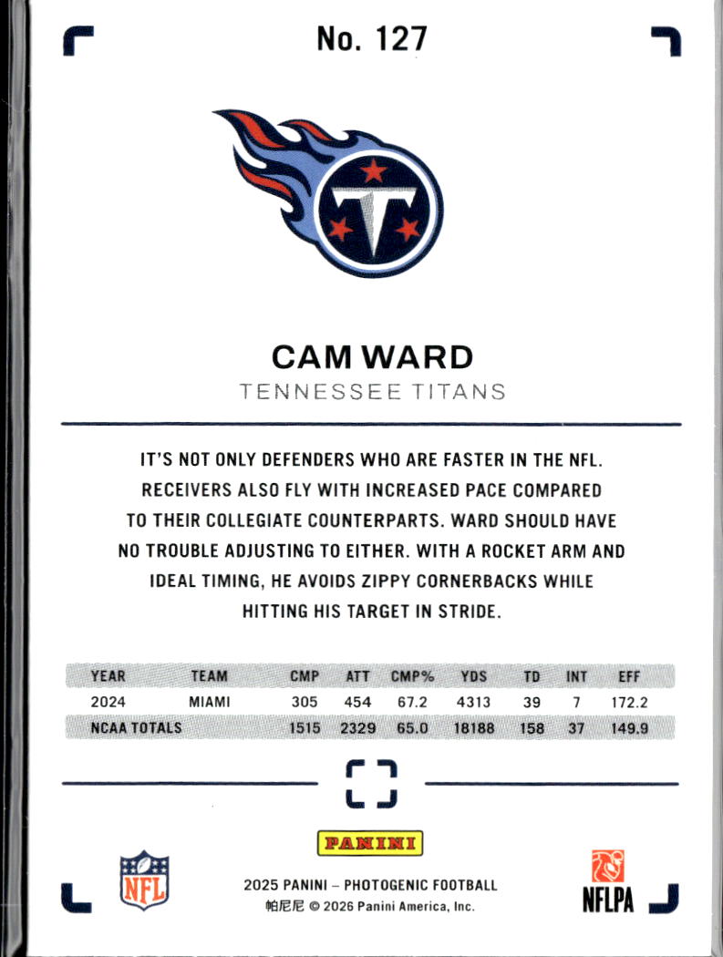 Cam Ward 2025 Photogenic Rookie RC Tennessee Titans