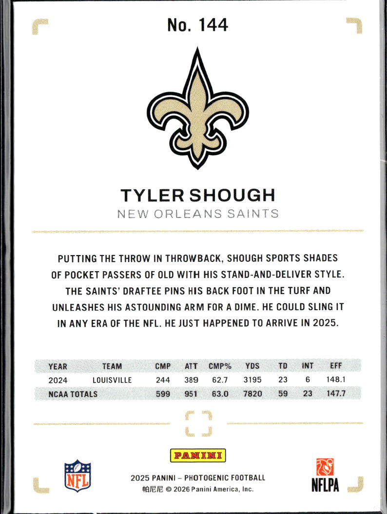 Tyler Shough 2025 Photogenic Rookie RC New Orleans Saints
