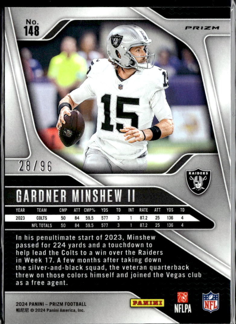 Gardner Minshew II 2024 Prizm Blue Shimmer 28/96 Las Vegas Raiders