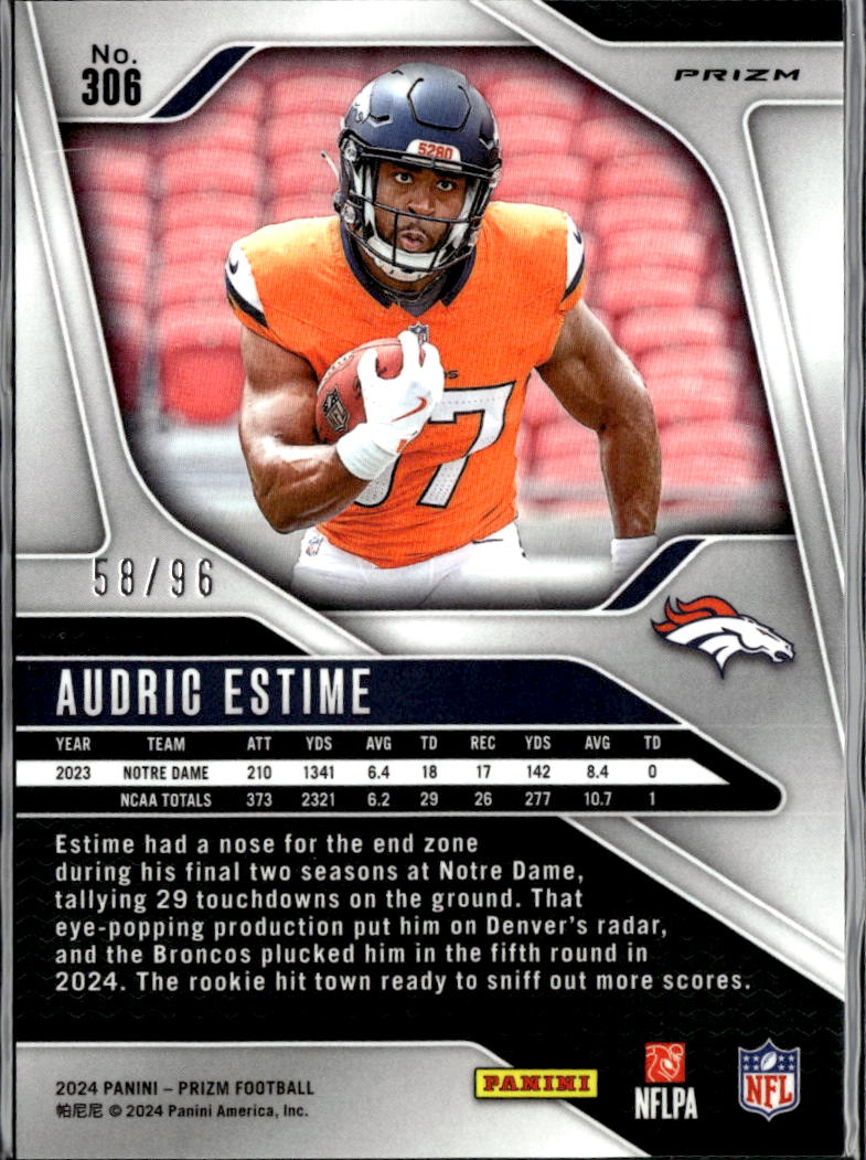 Audric Estime 2024 Prizm RC Blue Shimmer /96 Denver Broncos