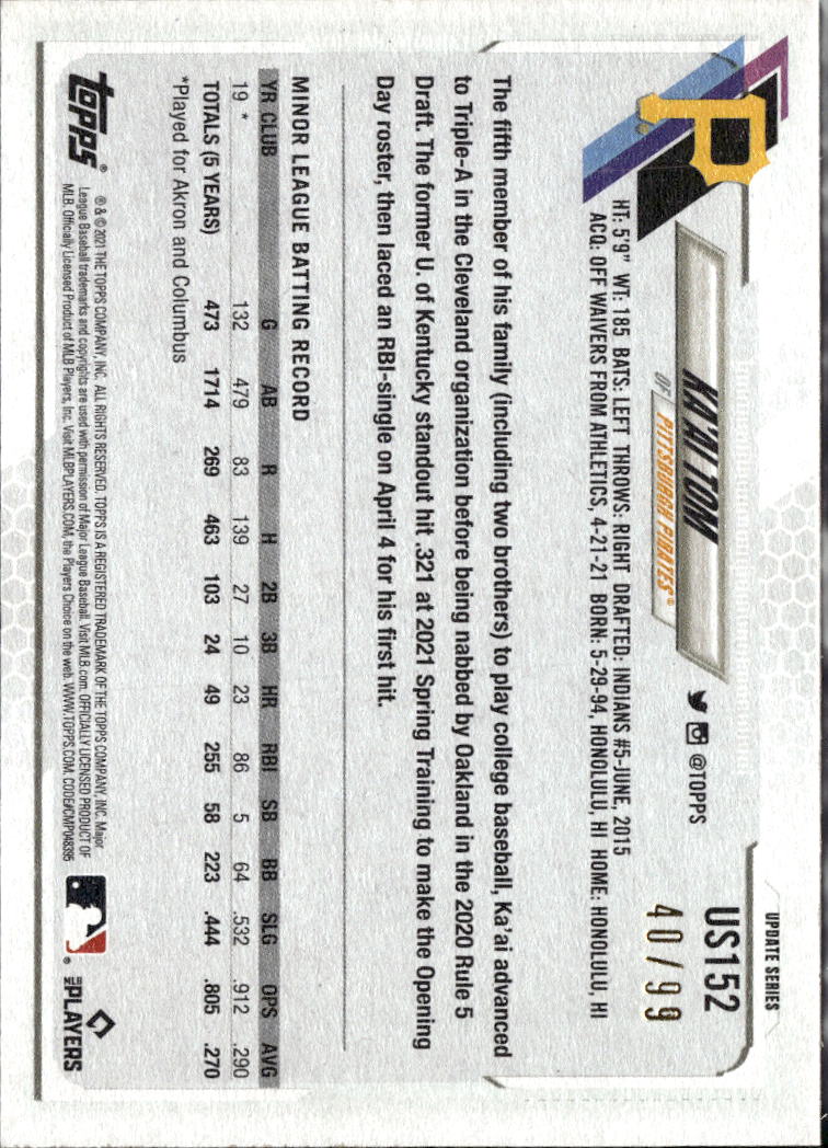 Ka'ai Tom 2021 Topps Update Series Vintage Stock RC 40/99 Pittsburgh Pirates