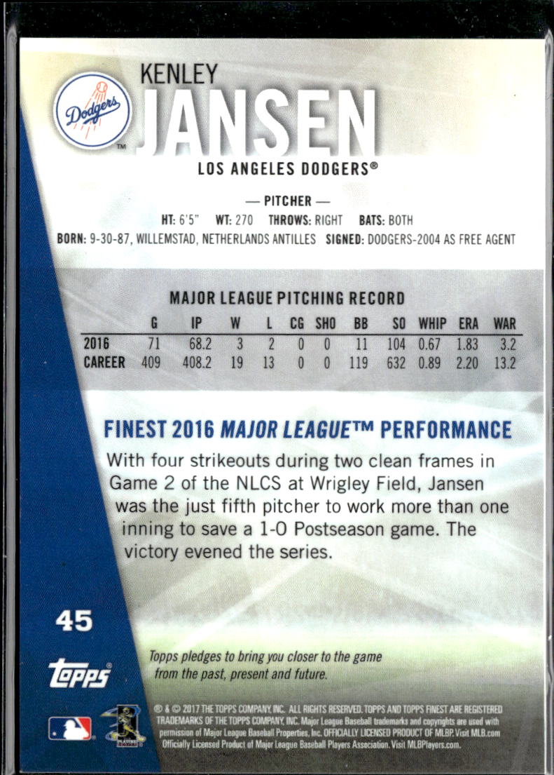 Kenley Jansen 2017 Topps Finest Purple Refractor /250 Los Angeles Dodgers
