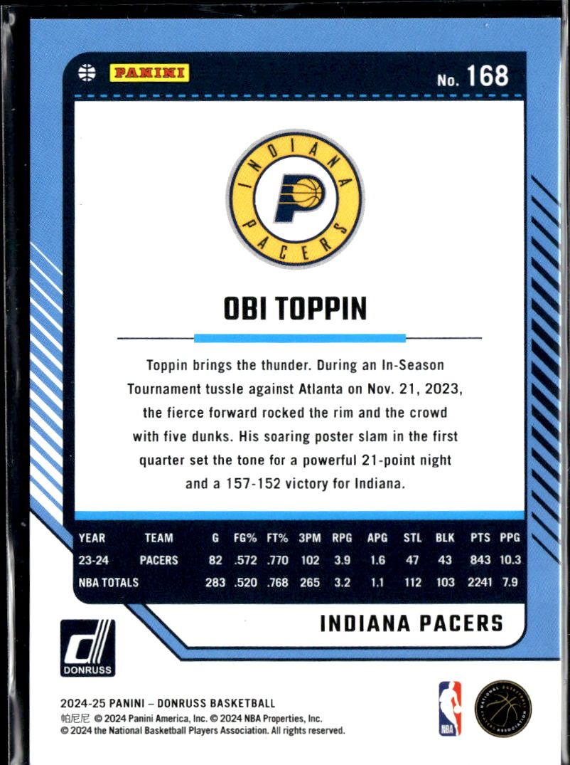 Obi Toppin 2024 Donruss Blue Laser 5/49 Indiana Pacers