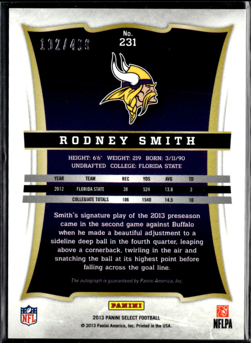Rodney Smith 2013 Select Auto Autograph RC /499 Minnesota Vikings