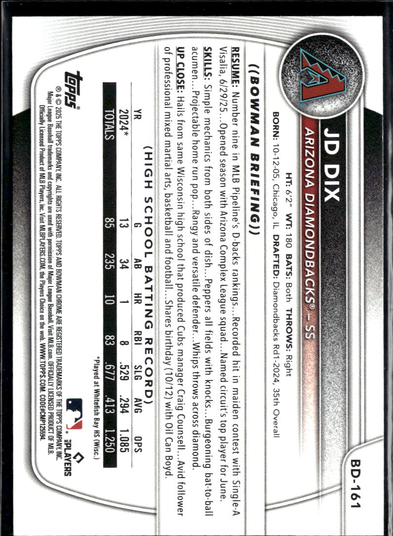 JD Dix 2025 Bowman Draft Sky Blue /499 Arizona Diamondbacks