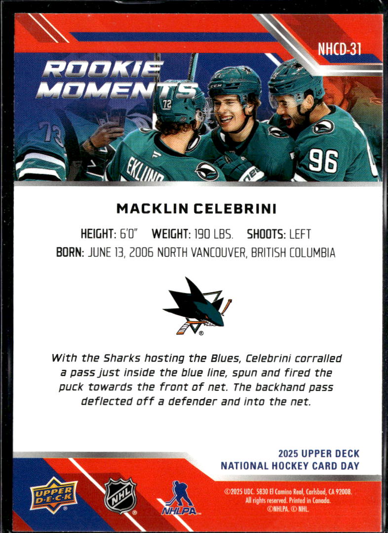 Macklin Celebrini 2025 Upper Deck National Hockey Day Rookie San Jose Sharks
