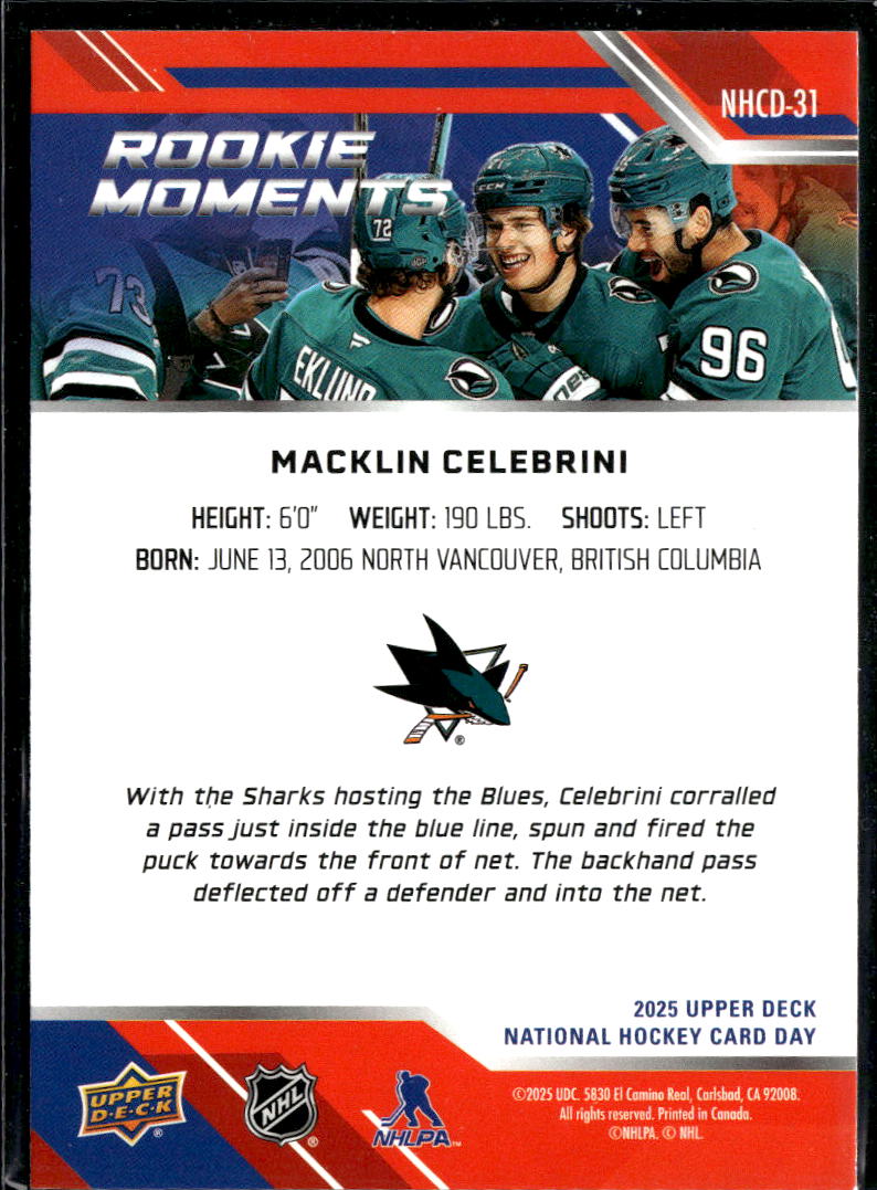 Macklin Celebrini 2025 Upper Deck National Hockey Day Rookie San Jose Sharks