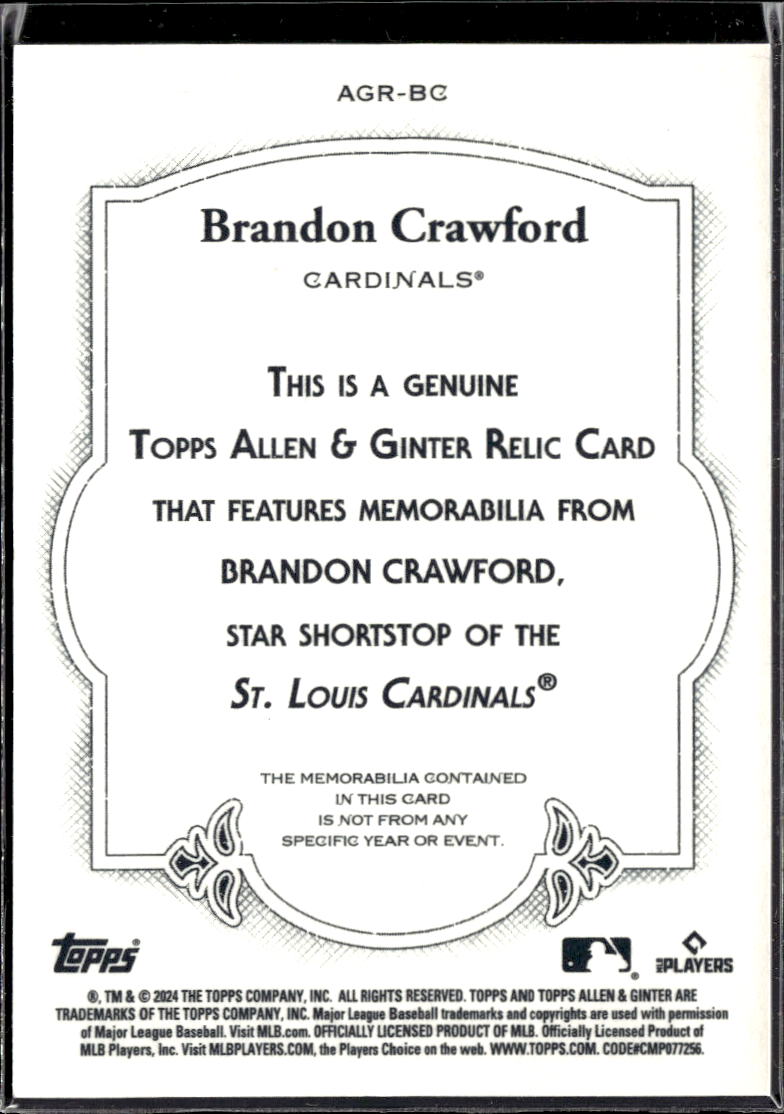 Brandon Crawford 2024 Topps Allen & Ginter Game Worn Patch St. Louis Cardinals