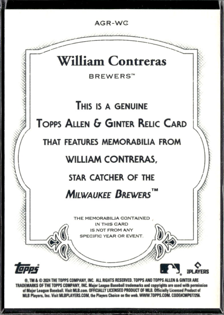 William Contreras 2024 Topps Allen & Ginter Game Worn Patch Milwaukee Brewers