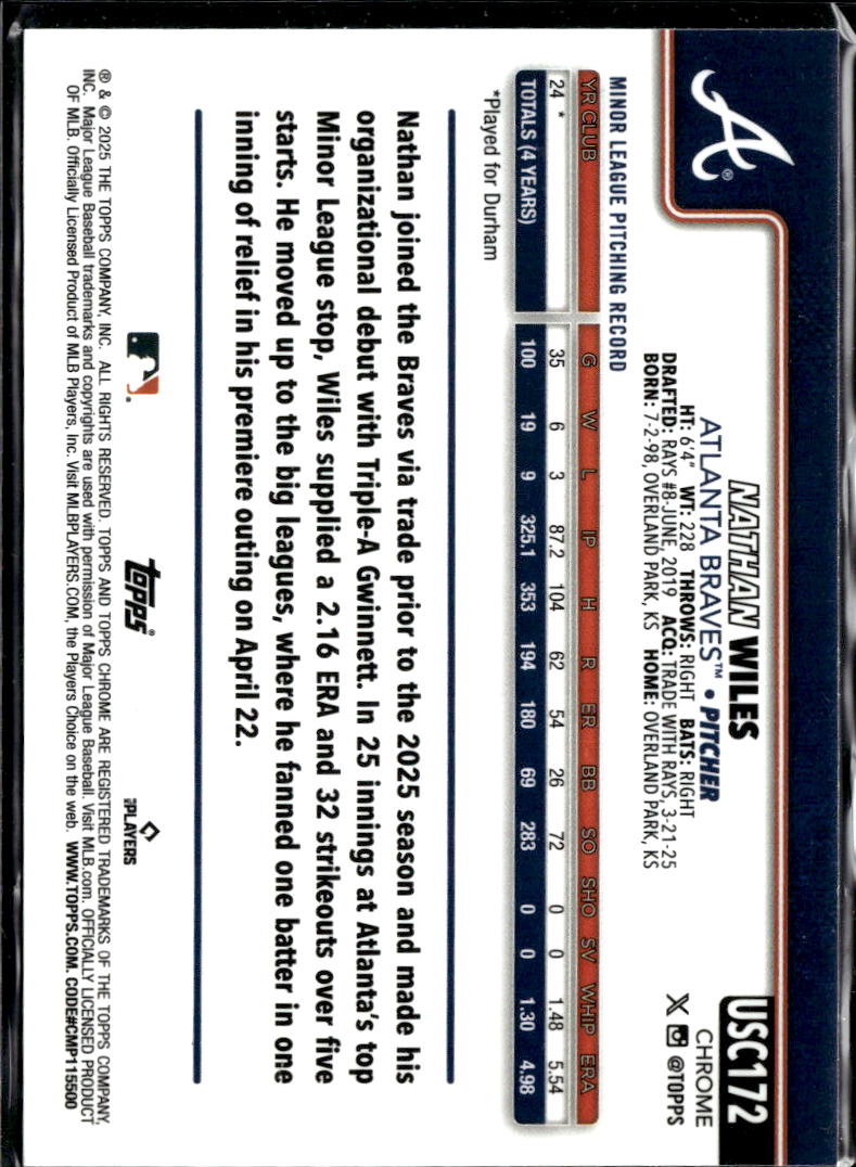 Nathan Wiles 2025 Topps Chrome RC Blue /150 Atlanta Braves