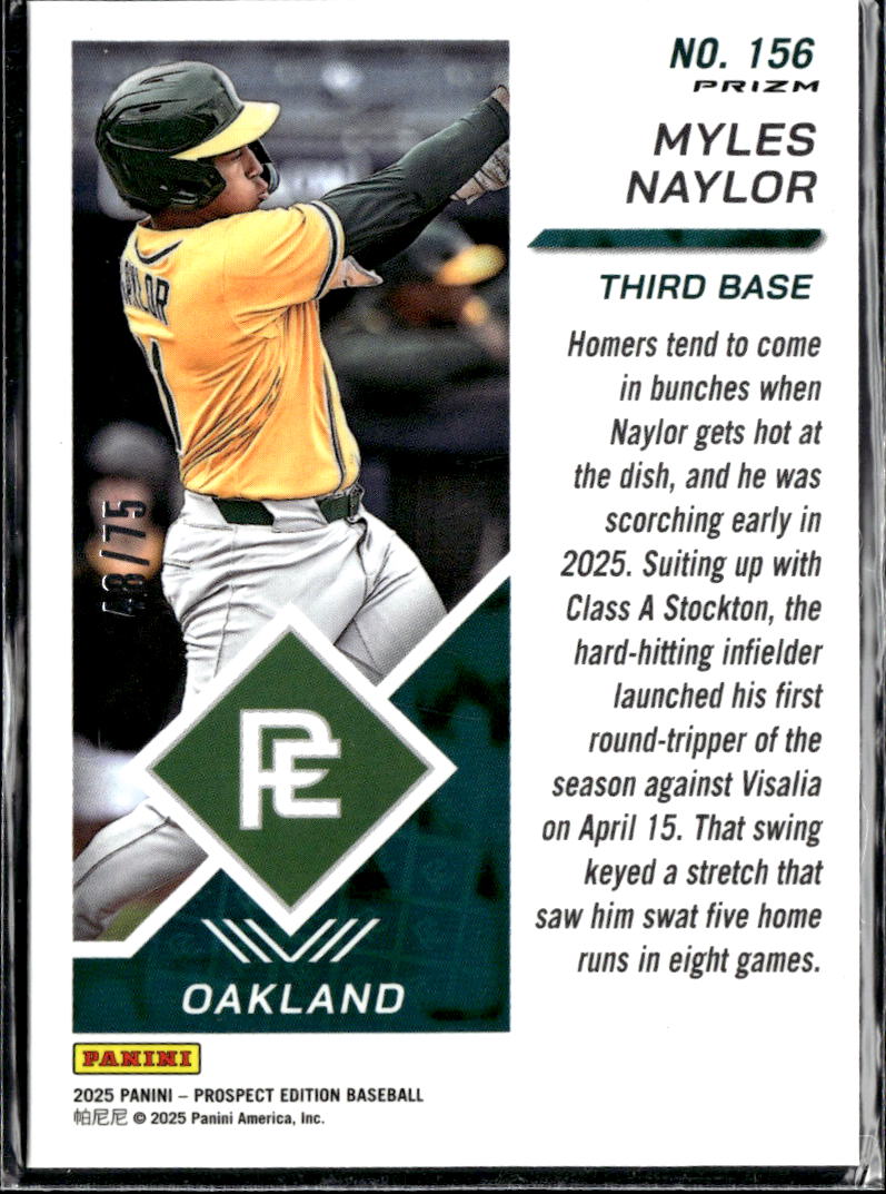 Myles Naylor 2025 Panini Prospect Edition Green Prizm /75 Oakland Athletics