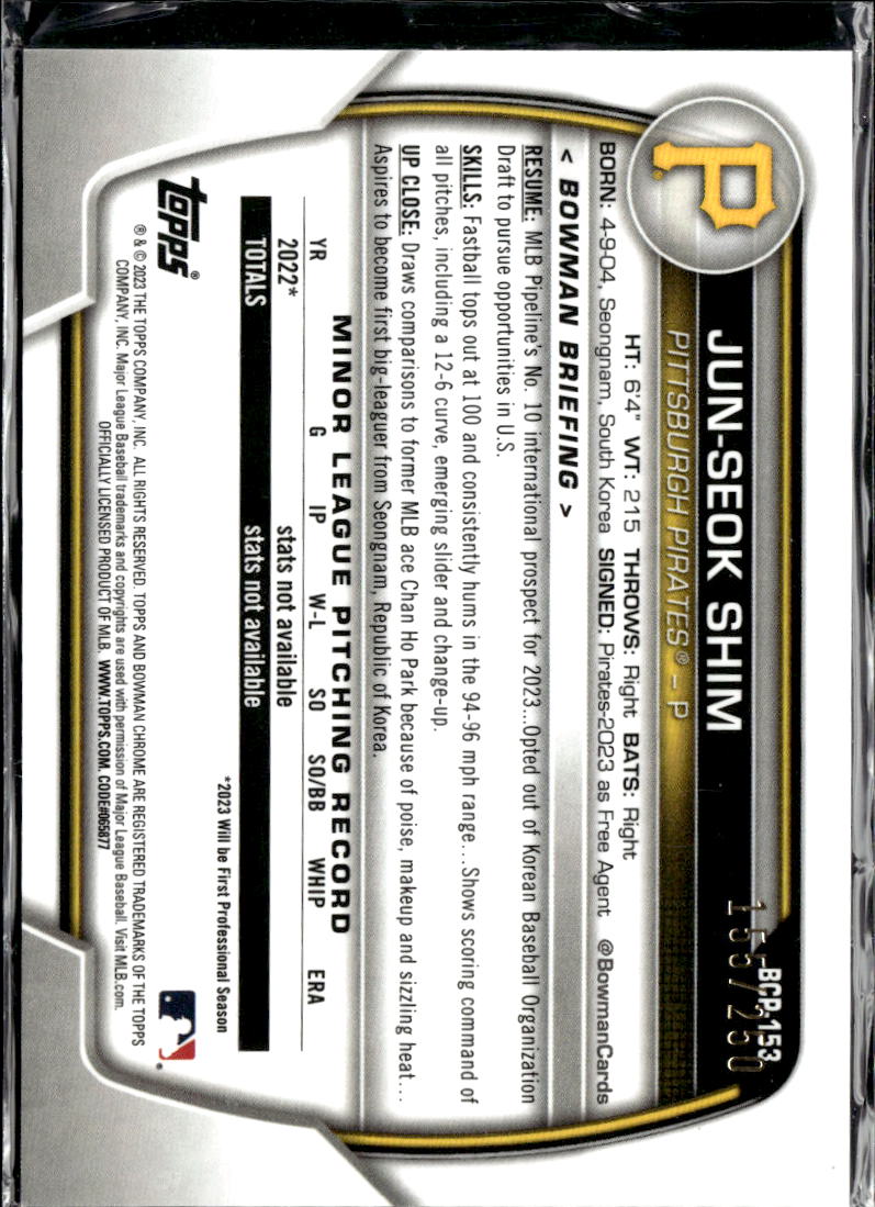 Jun-Seok Shim 2023 Bowman Chrome 1st Purple Refractor /250 Pittsburgh Pirates