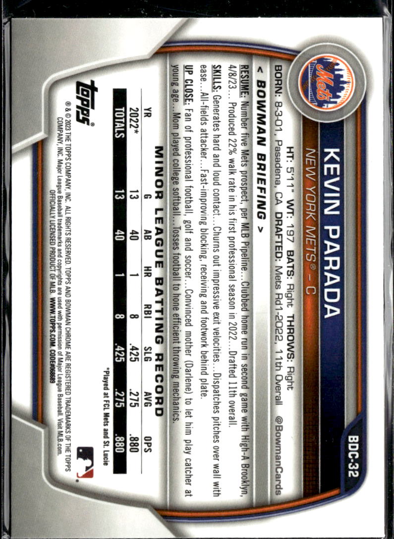 Kevin Parada 2023 Bowman Chrome Purple Refractor /250 New York Mets