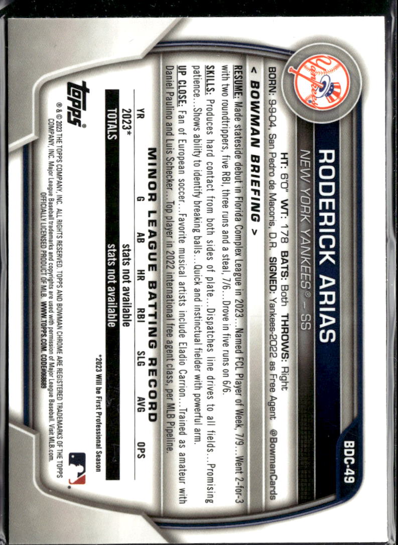 Roderick Arias 2023 Bowman Chrome Aqua Wave 48/125 New York Yankees