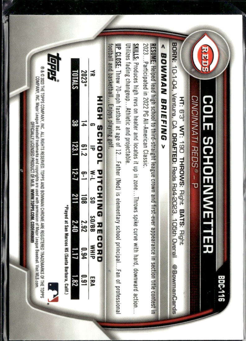 Cole Schoenwetter 2023 Bowman Chrome 1st Green Grass 85/99 Cincinnati Reds