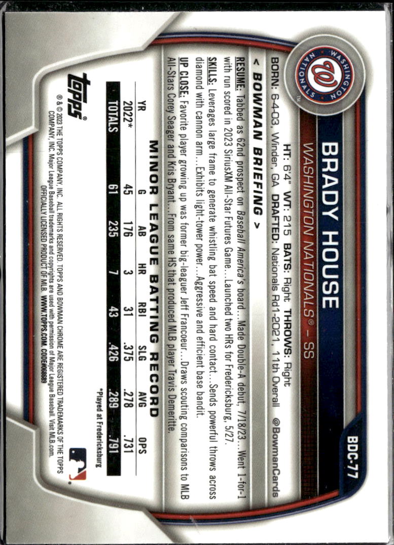 Brady House 2023 Bowman Chrome Fuchsia Lava Refractor /199 Washington Nationals