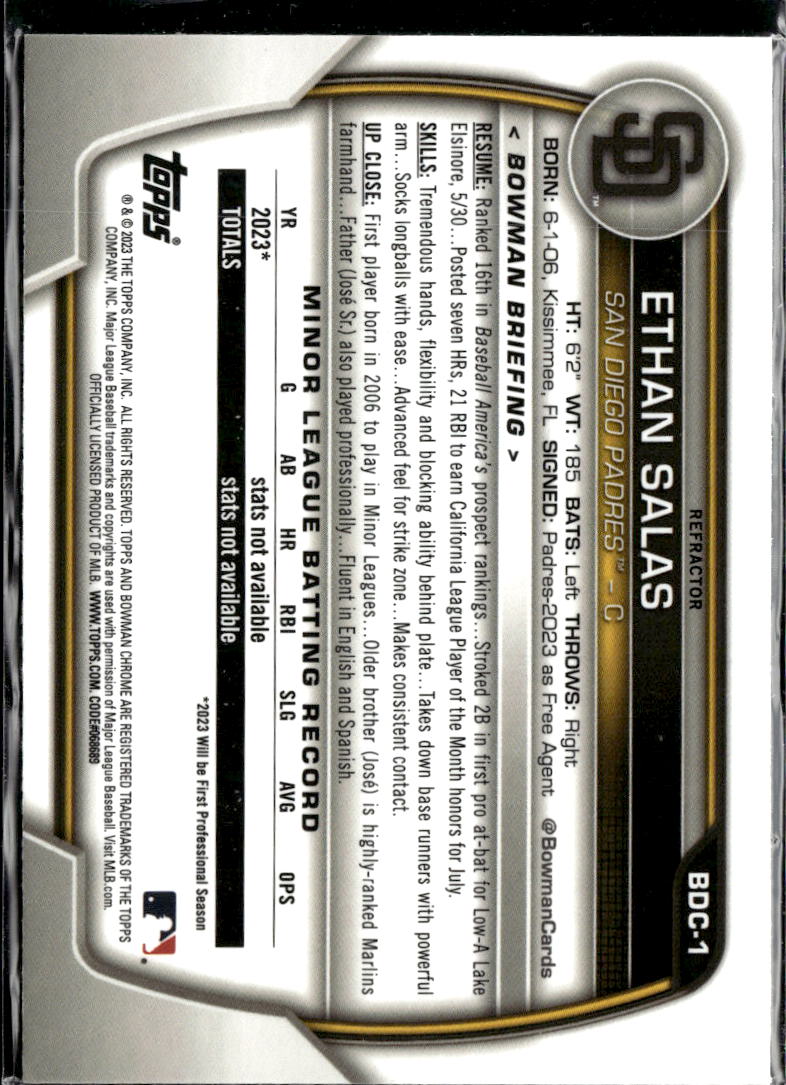Ethan Salas 2023 Bowman Chrome Refractor RC San Diego Padres