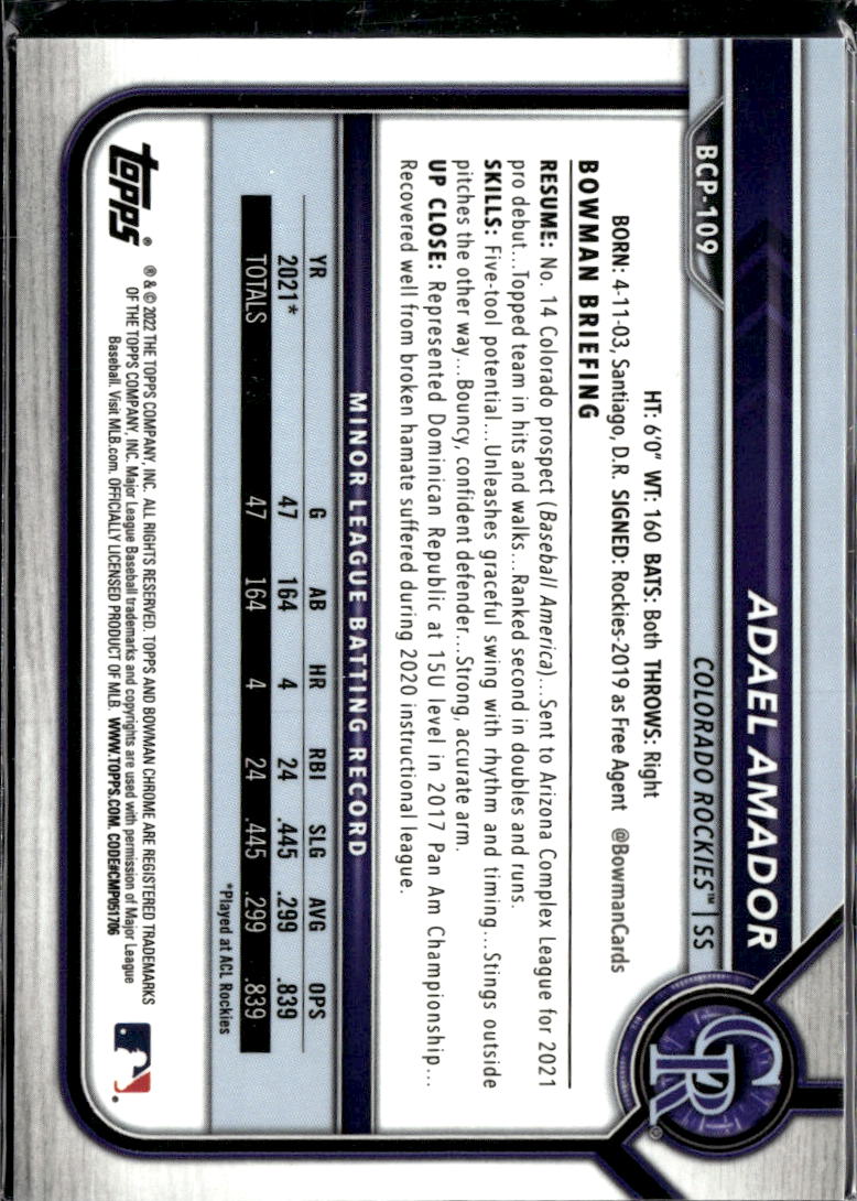 Adael Amador 2022 Bowman Chrome Purple Refractor 147/250 Colorado Rockies