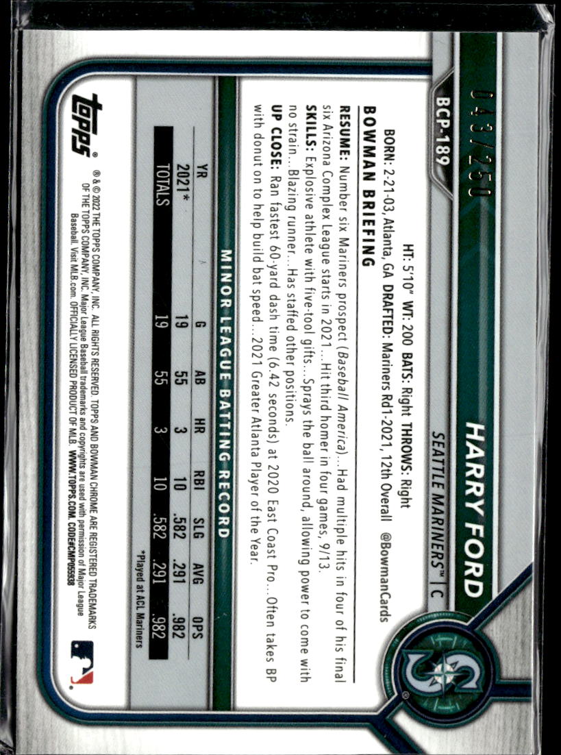 Harry Ford 2022 Bowman Chrome Purple Refractor /250 Seattle Mariners
