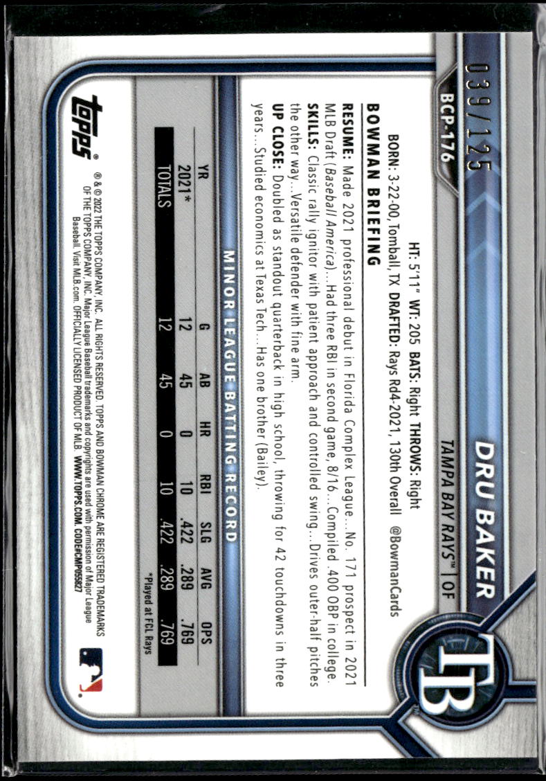 Dru Baker 2022 Bowman Chrome Teal Pink Refractor /125 Tampa Bay Rays