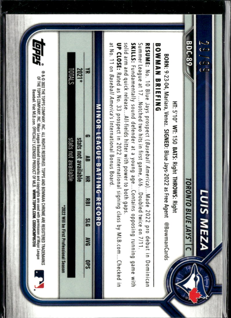 Luis Meza 2022 Bowman  Chrome Green Refractor /99 Toronto Blue Jays