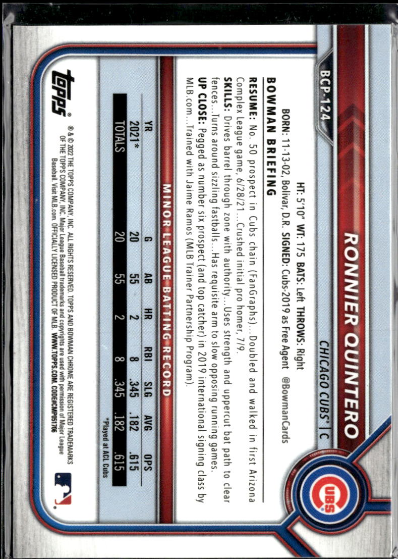 Ronnier Quintero 2022 Bowman Chrome 1st Green Shimmer Refractor /99 Chicago Cubs