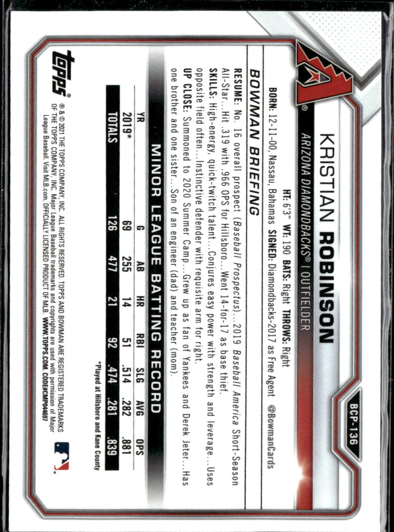 Kristian Robinson 2021 Bowman Chrome Green Mojo 54/99 Arizona Diamondbacks