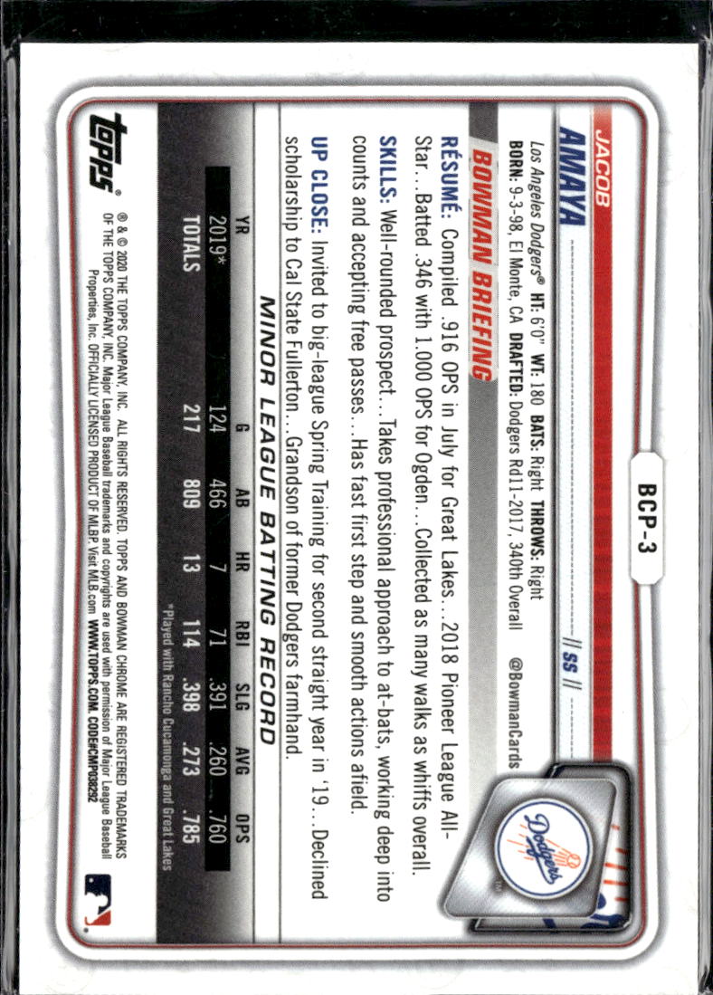 Jacob Amaya 2020 Bowman Chrome Aqua Shimmer Refractor /125 Los Angeles Dodgers