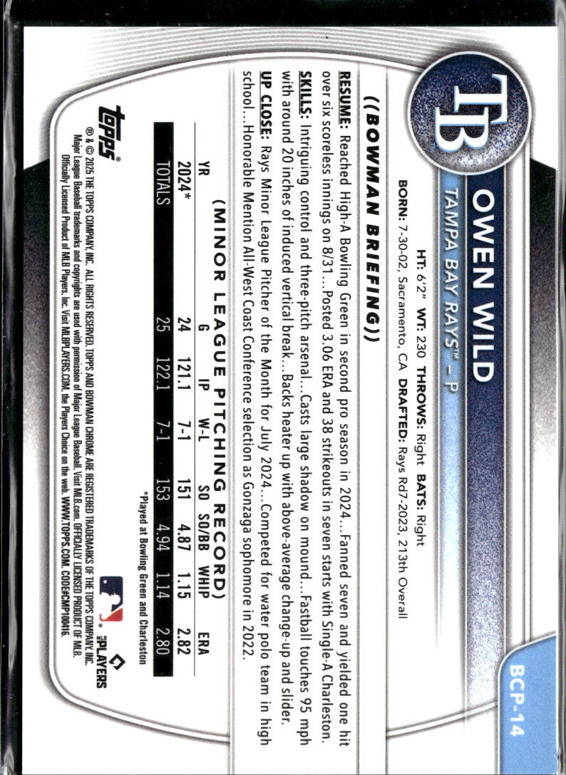 Owen Wild 2025 Bowman Chrome 1st Lava Refractor 378/399 Tampa Bay Rays