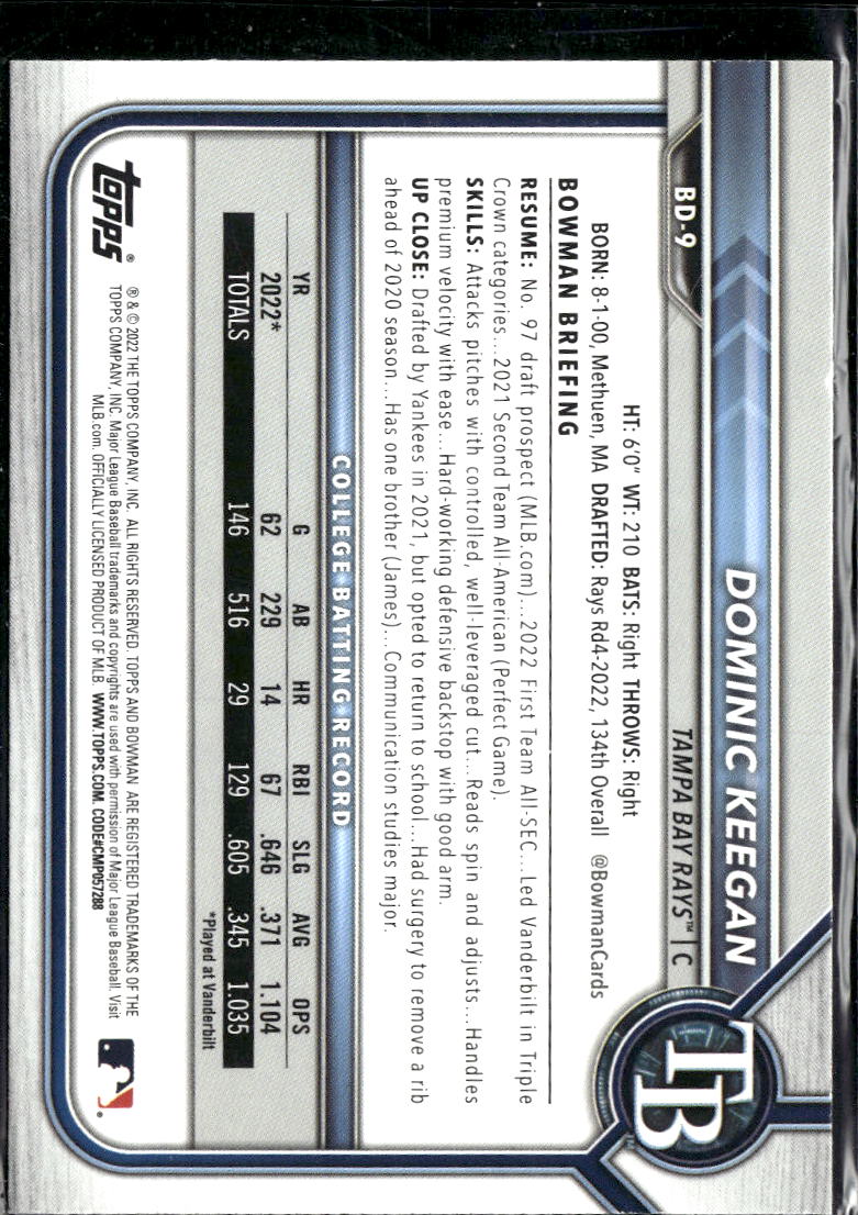 Dominic Keegan 2022 Bowman Draft 1st Sky Blue /199 Tampa Bay Rays