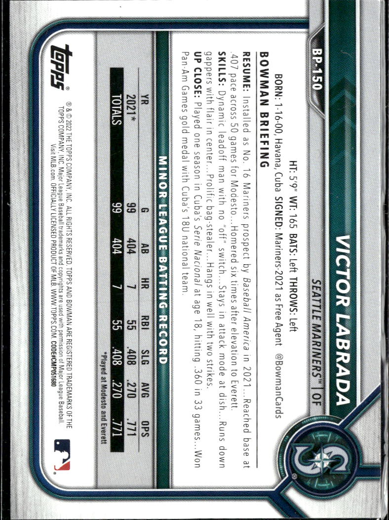 Victor Labrada 2022 Bowman Prospects 1st Purple Paper /250 Seattle Mariners