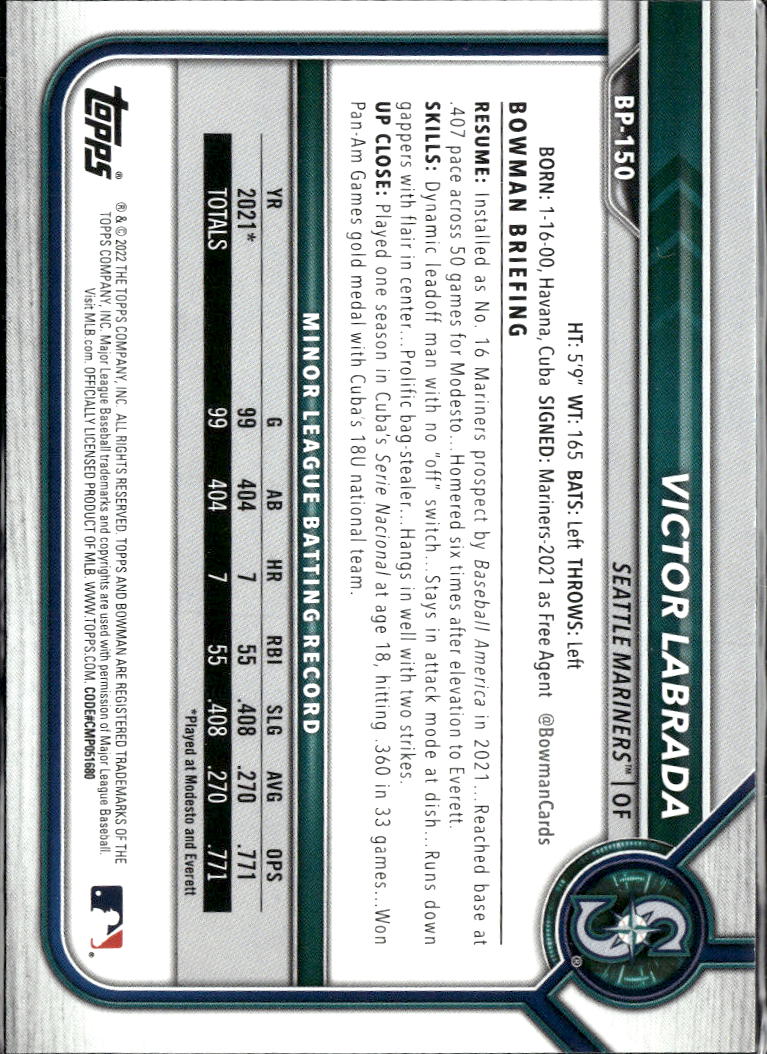 Victor Labrada 2022 Bowman Prospects 1st Green Paper /399 Seattle Mariners